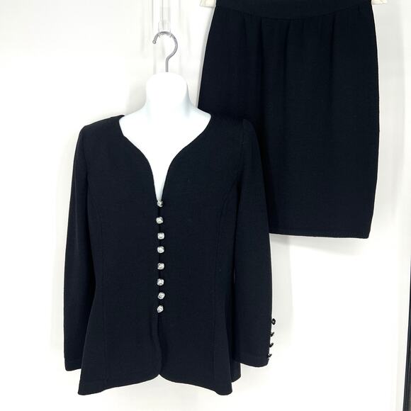 St. John Evening by Marie Gray Black Knit Jacket and Skirt Rhinestone Buttons 8 - Picture 1 of 11